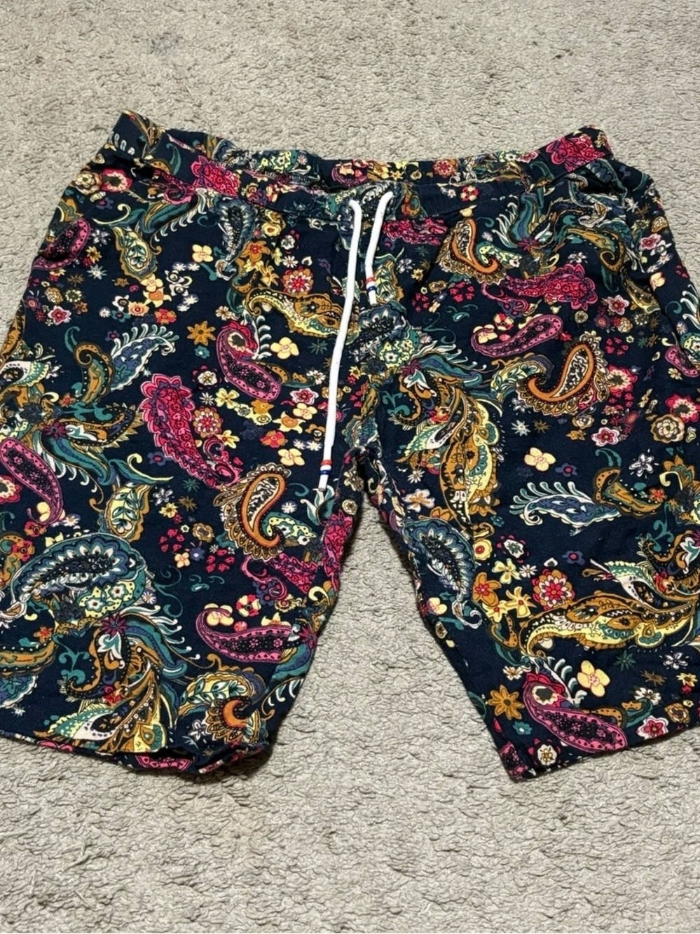 Men's Navy Paisley Drawstring Shorts - Multicolor